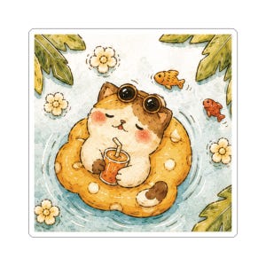 Puede incluir: Adhesivo cuadrado con un gato de dibujos animados flotando en una piscina sobre un flotador amarillo. El gato lleva gafas de sol y sostiene una bebida. La escena incluye flores, peces y hojas de palmera.