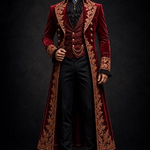 May include: A long, deep red velvet coat featuring intricate gold floral embroidery along the lapels and cuffs, paired with a dark red patterned vest, a black ruffled shirt with a blue gemstone brooch, black trousers, and black dress shoes.
