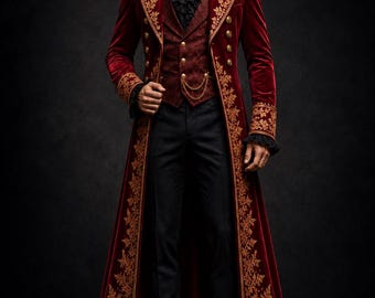 Czerwony gotycki długi płaszcz męski w stylu wiktoriańskim, strój cosplay wampira, płaszcz w stylu Drakuli, arystokratyczny długi płaszcz, ślubna kurtka steampunk