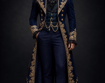 Blauer Gothic Langer Mantel, Victorian Gothic Hochzeitsanzug, Steampunk Prinz Trenchcoat, Bestickter Vampir Hochzeit Cosplay Mantel Aristokratmantel