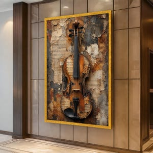 Vintage Violin Large Wall Art, Rustic Music Instrument Artwork with Antique Sheet Music for Living Room or Office Decor