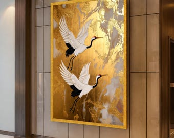 Japanese Crane Wall Art Large Wall Art, Gold Leaf Bird Print with Flying Cranes for Japandi Living Room Decor