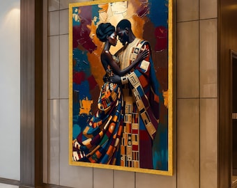 May include: A framed vertical wall art piece depicting two figures in an embrace, wearing garments with geometric patterns in shades of blue, red, orange, and gold. The background features abstract brushstrokes in similar warm and cool tones.