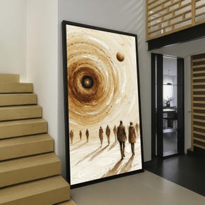May include: A large rectangular framed wall art piece featuring an abstract painting of a swirling brown and cream vortex in the sky above a group of figures walking across a light-colored landscape. The artwork uses textured brushstrokes.