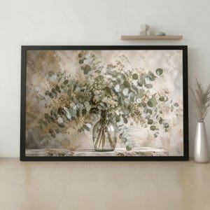 Cuadro de pared extragrande con motivos botánicos de eucalipto, lienzo con naturaleza muerta floral en tonos neutros para la decoración rústica de la sala de estar.