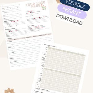 May include: Anesthesia Monitoring Sheet with sections for patient data, preoperative evaluation, medications, and intraoperative monitoring. Includes the text "EDITABLE", "INSTANT", and "DOWNLOAD". The design is light with floral accents.