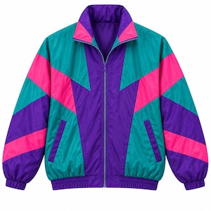 May include: A long-sleeve windbreaker jacket featuring a color-blocked pattern of vibrant purple, teal, and hot pink. The jacket has a high collar, a full-length front zipper, two side pockets, and elasticized cuffs and hem for a secure fit.