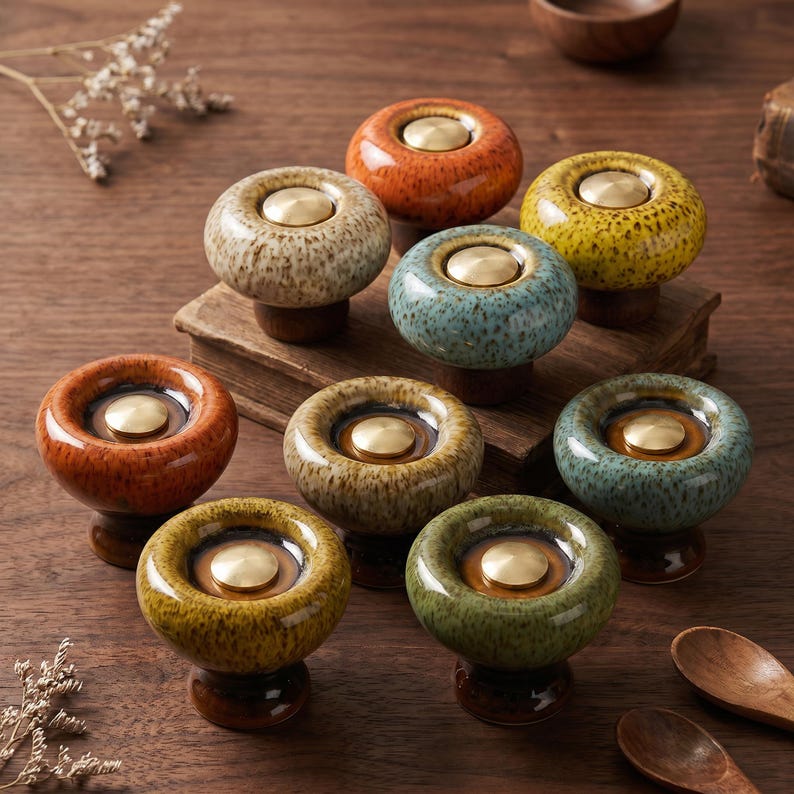 Rustic Ceramic Cabinet Knobs, Handmade Drawer Pulls, Vintage Dresser Handles, Kitchen Cabinet Hardware, Antique Furniture Knobs Set image 1