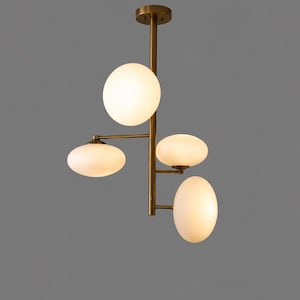 Mid Century Modern Brass 4-Light Chandelier, Frosted Glass Globe Ceiling Light