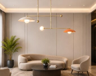 Modern Brass Linear Chandelier, Mid-Century Scandinavian Pendant Light, Luxury Dining Kitchen Island Lighting