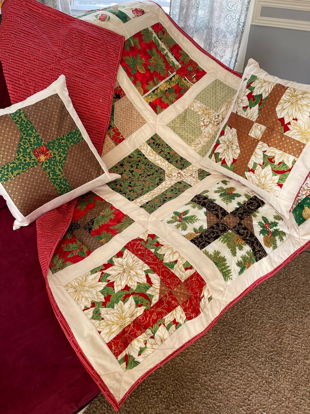 Handmade Quilted Christmas Throw and Matching Pillows Etsy