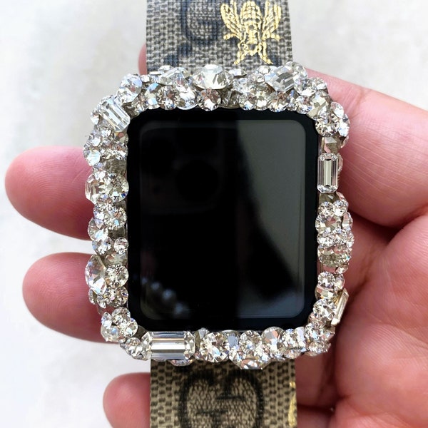High End Luxe Clear Crystal Baguette Apple Watch Glass Cover with bumper, apple watch cover, Crystal Cover Smart Watch cover, 49mm 45mm, SE