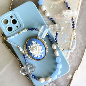 Correa para teléfono con piedras semipreciosas y perlas, dije para teléfono con cuentas de cristal curativas, correa personalizada, cadena para teléfono con cuentas de cristal, cordón