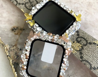 High End Luxe Clear Crystal Butterfly Apple Watch Glass Cover with bumper, apple watch cover, Crystal Cover Smart Watch cover, 49mm 45mm, SE