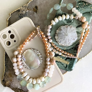 Green Chalcedony and Pearl Phone Strap, Healing Crystal Bead Phone Charm, Crystal Healing Phone Strap, Crystal Beaded Phone Lanyard