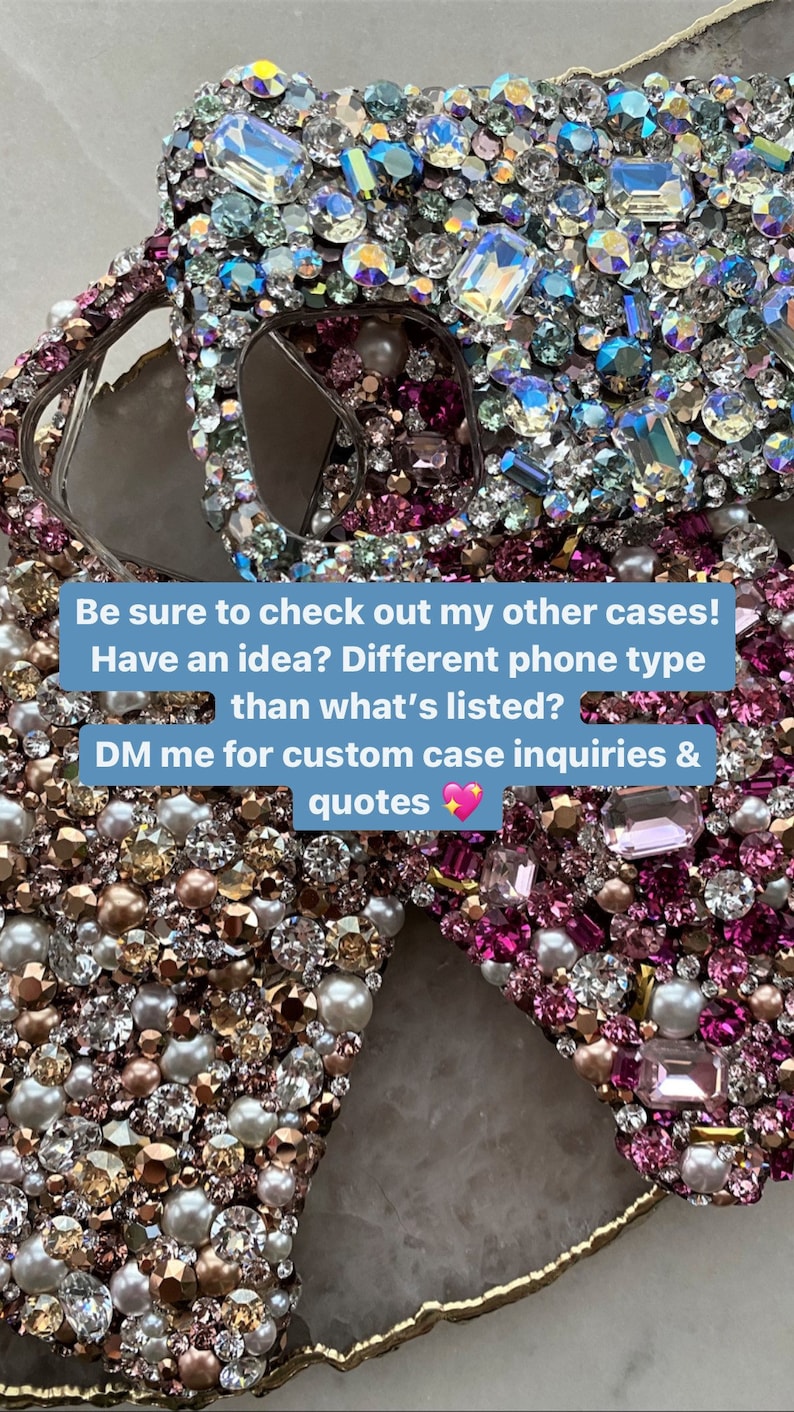 May include: A phone case decorated with pink, white, and gold rhinestones and pearls. The case is on a light gray background. Be sure to check out my other cases! Have an idea? Different phone type than what's listed? DM me for custom case inquiries & quotes.