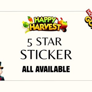 K&ouml;nnte beinhalten: Eine digitale Grafik mit dem Monopoly GO!-Logo in der Ecke und dem Spieltitel Happy Harvest mit einem Schubkarren-Symbol. Der Text lautet 5 STAR STICKER ALL AVAILABLE. Eine Zeichentrickfigur mit Zylinder und Monokel ist in der Ecke abgebildet.