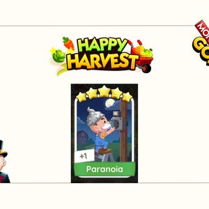 K&ouml;nnte beinhalten: Eine digitale Monopoly GO! Happy Harvest Stickerkarte mit einer Zeichentrickfigur, die einen Aluhut tr&auml;gt und auf einem Hocker steht, um einen Strommast zu untersuchen. Die Karte ist mit Paranoia beschriftet und zeigt f&uuml;nf goldene Sterne.