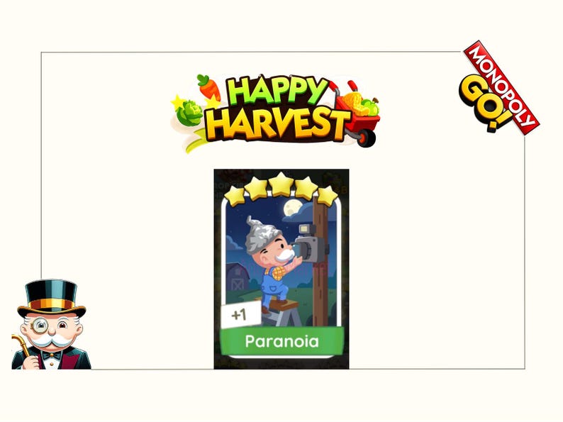 K&ouml;nnte beinhalten: Eine digitale Monopoly GO! Happy Harvest Stickerkarte mit einer Zeichentrickfigur, die einen Aluhut tr&auml;gt und auf einem Hocker steht, um einen Strommast zu untersuchen. Die Karte ist mit Paranoia beschriftet und zeigt f&uuml;nf goldene Sterne.