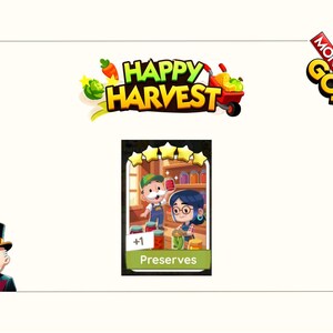 K&ouml;nnte beinhalten: Eine digitale Monopoly GO! Happy Harvest Spielkarte mit einer Cartoon-Illustration von zwei Charakteren in einer Speisekammer mit Einmachgl&auml;sern. Die Karte hat f&uuml;nf gelbe Sterne, den Text +1 und das Wort Preserves auf einem gr&uuml;nen Banner.