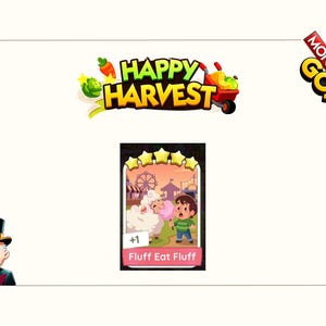 K&ouml;nnte beinhalten: Eine digitale Monopoly GO Happy Harvest Spielkarte mit dem Titel Fluff Eat Fluff, die eine Cartoon-Illustration einer Person zeigt, die ein flauschiges wei&szlig;es Schaf mit rosa Zuckerwatte f&uuml;ttert, mit f&uuml;nf gelben Sternen oben auf der Karte.