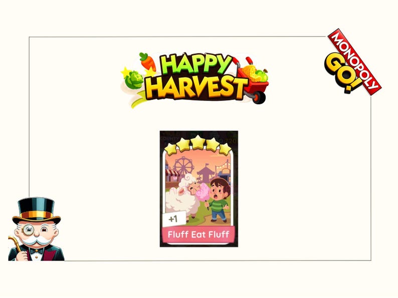 K&ouml;nnte beinhalten: Eine digitale Monopoly GO Happy Harvest Spielkarte mit dem Titel Fluff Eat Fluff, die eine Cartoon-Illustration einer Person zeigt, die ein flauschiges wei&szlig;es Schaf mit rosa Zuckerwatte f&uuml;ttert, mit f&uuml;nf gelben Sternen oben auf der Karte.