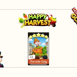 K&ouml;nnte beinhalten: Eine digitale Monopoly GO Happy Harvest Spielkarte mit einer Figur in einem karottenf&ouml;rmigen Festwagen. Die Karte zeigt f&uuml;nf gelbe Sterne oben, den Text Parade Day unten und eine Mengenangabe von +2 in der Ecke.