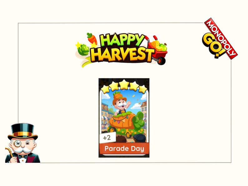 K&ouml;nnte beinhalten: Eine digitale Monopoly GO Happy Harvest Spielkarte mit einer Figur in einem karottenf&ouml;rmigen Festwagen. Die Karte zeigt f&uuml;nf gelbe Sterne oben, den Text Parade Day unten und eine Mengenangabe von +2 in der Ecke.