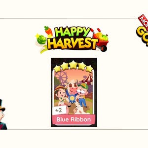 K&ouml;nnte beinhalten: Eine digitale Monopoly GO Happy Harvest Stickerkarte mit einer F&uuml;nf-Sterne-Bewertung, einer Cartoon-Kuh mit einer blauen Schleife, zwei Figuren und einem Jahrmarkthintergrund. Die Karte ist mit Blue Ribbon und einem Plus-zwei-Indikator beschriftet.