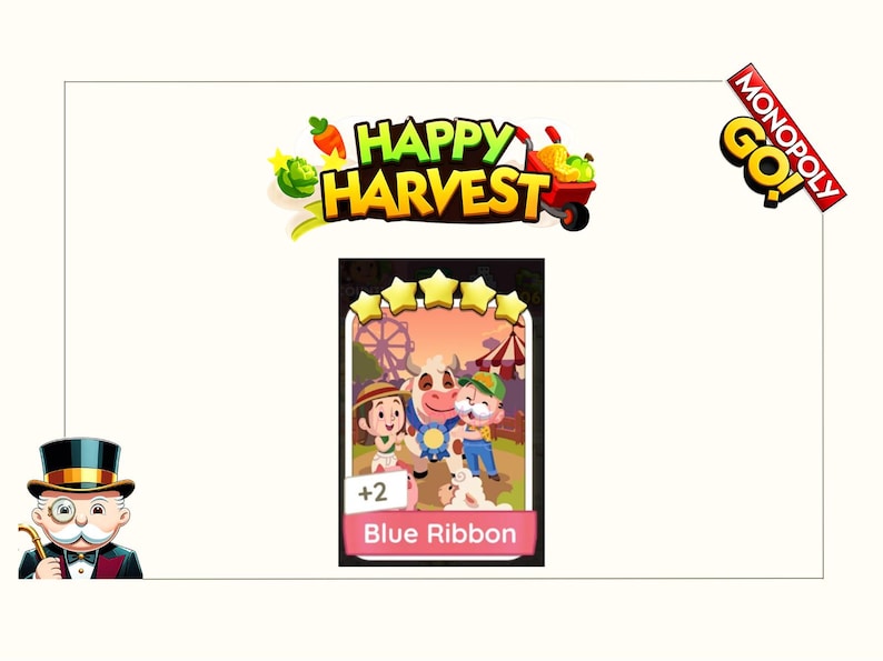 K&ouml;nnte beinhalten: Eine digitale Monopoly GO Happy Harvest Stickerkarte mit einer F&uuml;nf-Sterne-Bewertung, einer Cartoon-Kuh mit einer blauen Schleife, zwei Figuren und einem Jahrmarkthintergrund. Die Karte ist mit Blue Ribbon und einem Plus-zwei-Indikator beschriftet.