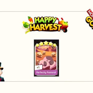 K&ouml;nnte beinhalten: Eine digitale Monopoly GO! Happy Harvest Spielkarte mit dem Titel Perfectly Pastoral, einer F&uuml;nf-Sterne-Bewertung, einem rosa Hund im Vordergrund und einer Bauernhofszene mit Schafen und einer roten Scheune im Hintergrund sowie dem Monopoly GO! Logo.