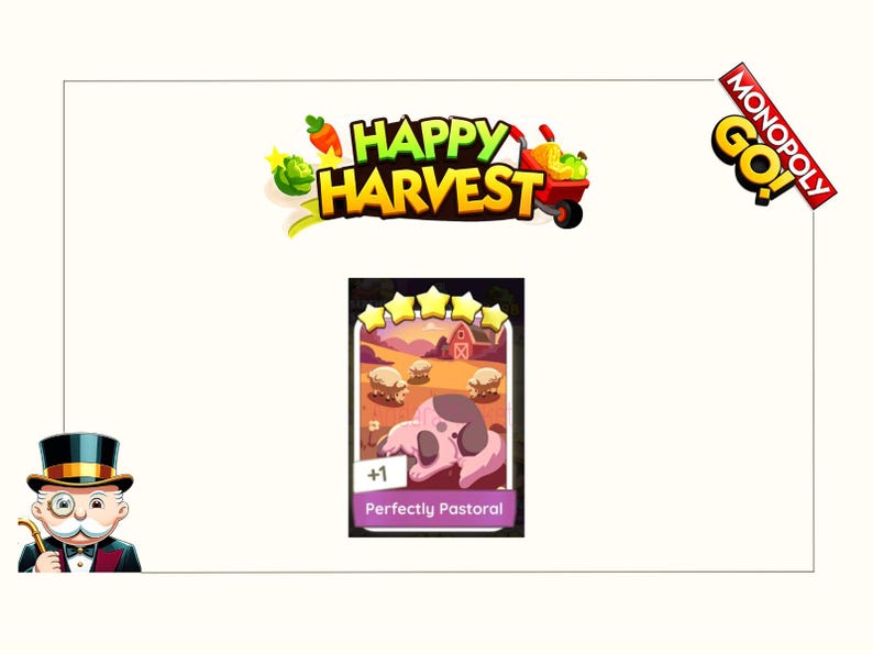 K&ouml;nnte beinhalten: Eine digitale Monopoly GO! Happy Harvest Spielkarte mit dem Titel Perfectly Pastoral, einer F&uuml;nf-Sterne-Bewertung, einem rosa Hund im Vordergrund und einer Bauernhofszene mit Schafen und einer roten Scheune im Hintergrund sowie dem Monopoly GO! Logo.
