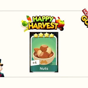 Op de afbeelding: Een digitale Monopoly GO! Happy Harvest spelkaart met een kom gemengde noten. De kaart toont vier gele sterren bovenaan, een +4 indicator en de tekst Nuts onderaan. De Monopoly-mascotte verschijnt in de linkerbenedenhoek.