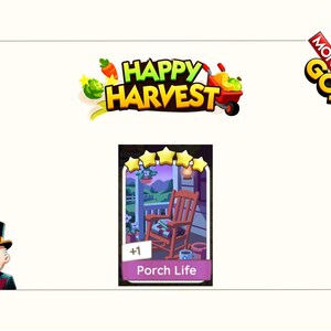 K&ouml;nnte beinhalten: Eine digitale Monopoly GO-Spielkarte mit dem Titel Porch Life, einer F&uuml;nf-Sterne-Bewertung, einem braunen Schaukelstuhl auf einer Veranda und einer kleinen blauen Tasse. Das Bild enth&auml;lt das Happy Harvest-Event-Logo und eine Figur mit Zylinder.