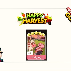 K&ouml;nnte beinhalten: Eine digitale Monopoly GO! Happy Harvest Spielkarte mit dem Titel Judging, f&uuml;nf Sternen, einer Comic-Kuh, einem Schwein und einer Person im karierten Hemd, dem Monopoly GO!-Logo in der Ecke und dem Monopoly-Maskottchen unten links.