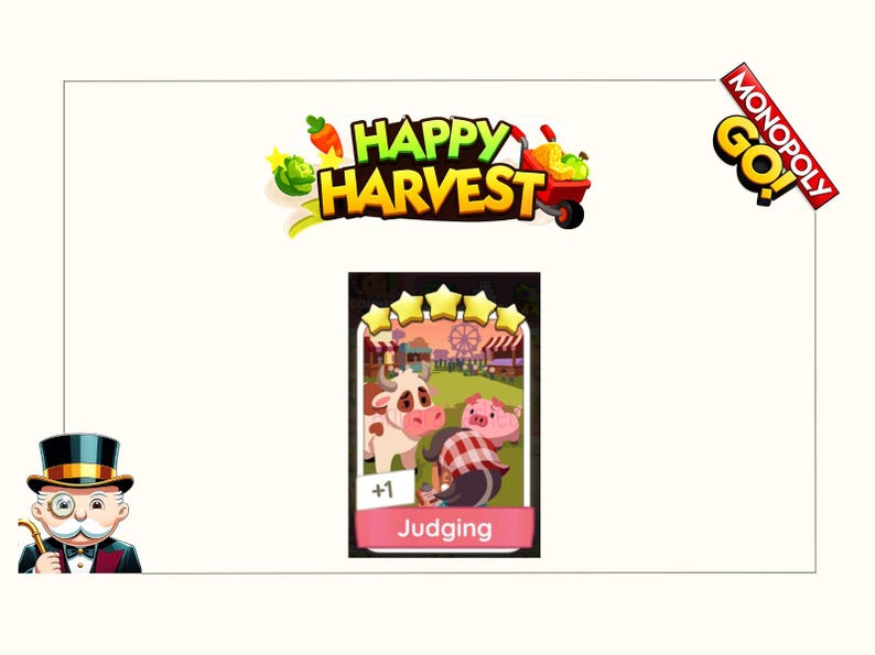 K&ouml;nnte beinhalten: Eine digitale Monopoly GO! Happy Harvest Spielkarte mit dem Titel Judging, f&uuml;nf Sternen, einer Comic-Kuh, einem Schwein und einer Person im karierten Hemd, dem Monopoly GO!-Logo in der Ecke und dem Monopoly-Maskottchen unten links.