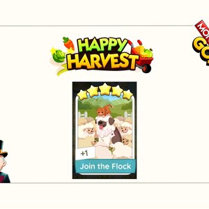 K&ouml;nnte beinhalten: Eine digitale Monopoly GO Happy Harvest Spielkarte mit einer F&uuml;nf-Sterne-Bewertung, einer zentralen Abbildung eines Hundes umgeben von Schafen mit einer kleinen orangefarbenen Katze auf dem Kopf und dem Text +1 Join the Flock unten.