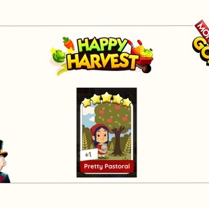 K&ouml;nnte beinhalten: Eine digitale Monopoly GO! Happy Harvest Spielkarte mit einer Zeichentrickfigur in einer roten Kapuze, die ein Glas unter einem Apfelbaum h&auml;lt. Die Karte ist mit Pretty Pastoral beschriftet, hat f&uuml;nf goldene Sterne und eine Plus-eins-Anzeige.