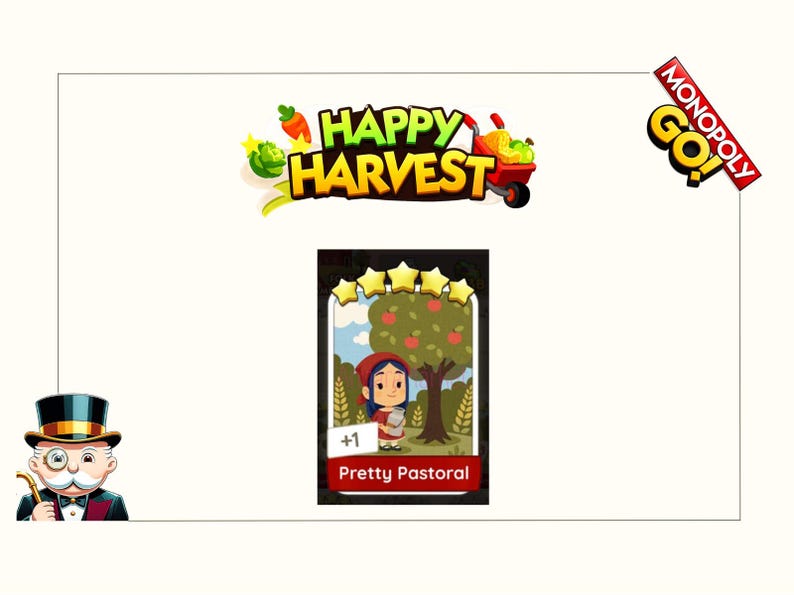 K&ouml;nnte beinhalten: Eine digitale Monopoly GO! Happy Harvest Spielkarte mit einer Zeichentrickfigur in einer roten Kapuze, die ein Glas unter einem Apfelbaum h&auml;lt. Die Karte ist mit Pretty Pastoral beschriftet, hat f&uuml;nf goldene Sterne und eine Plus-eins-Anzeige.