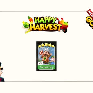 K&ouml;nnte beinhalten: Eine digitale Monopoly GO! Happy Harvest Spielkarte mit einer Figur, die einen Aluhut tr&auml;gt, ein rotes Megafon h&auml;lt und eine braune Tasche mit Alien-Grafik tr&auml;gt. Die Karte ist mit Conspiracy und einem +3 Indikator am unteren Rand beschriftet.