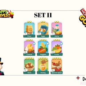 May include: A Monopoly Go Happy Harvest Set 11 digital card collection featuring nine food-themed icons: Flour, Eggs, Dairy, Cheese, Veggies, Fruits, Nuts, Honey, and Special Spice, each displayed with star ratings and quantity counts.