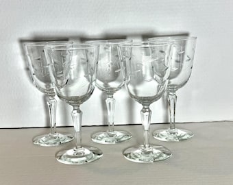 Vintage Libby Glass Co Windswept Pattern Etched Glass Water Goblets Set of 5
