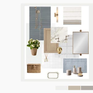 Puede incluir: Un tablero de inspiración y guía de estilo para baño que presenta un collage de elementos de diseño interior, incluyendo un espejo rectangular, azulejos de mármol, una cesta de mimbre, una planta en maceta, accesorios dorados y una paleta de colores.