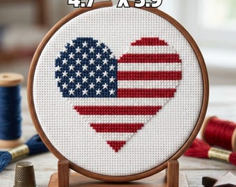 アメリカ国旗ハートのクロスステッチパターン、愛国的な刺繍図案、アメリカ国旗DIY、7月4日の装飾、星条旗のニードルポイント、PDF