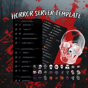Könnte beinhalten: Eine digitale Horror-Server-Vorlage mit dem Text HORROR SERVER TEMPLATE, einer Liste von Kanalnamen wie welcome, rules und social media, einer Sammlung von Rollen-Tags und einer detaillierten weißen Totenkopfgrafik vor rotem und schwarzem Hintergrund.