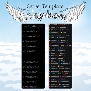 Könnte beinhalten: Eine digitale Servervorlage mit dem Titel Angelcore mit über 60 Rollen und über 25 Kanälen. Die Grafik zeigt weiße Engelsflügel, eine Liste von Kanalnamen wie welc, rules, annc, roles, chat, pics, food, games, music, arte und memes sowie Rollen-Tags.