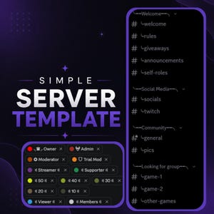 Könnte beinhalten: Eine digitale Server-Vorlage mit dem Text SIMPLE SERVER TEMPLATE. Die Grafik zeigt eine vertikale Liste von Kanalnamen wie welcome, rules und giveaways sowie ein Raster aus farbigen Rollen-Tags mit Bezeichnungen wie Owner, Admin und Moderator.