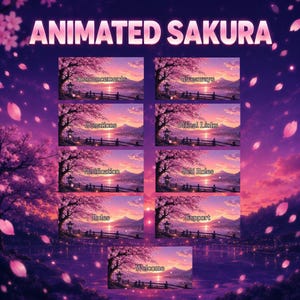 Könnte beinhalten: Eine digitale Grafik mit dem Titel ANIMATED SAKURA, die eine violette Sonnenuntergangslandschaft mit Kirschblütenbäumen und einem See zeigt. Sie enthält neun rechteckige Schaltflächen mit den Beschriftungen Announcements, Giveaways, Donations, Official Links, Verification, Self Roles, Rules, Support und Welcome.