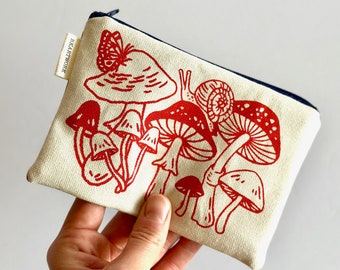 Mad for Mushrooms  - Red - Zippered Pouch - Handmade with Original Fabric