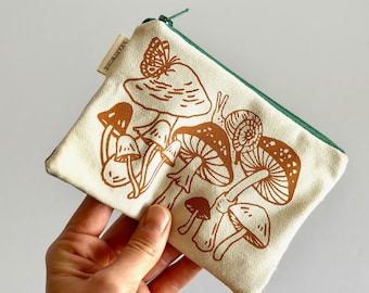 Mad for Mushrooms  - Mustard - Zippered Pouch - Handmade with Original Fabric